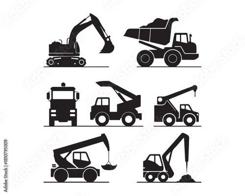 construction vehicles silhouette, construction vector set, heavy vehicles silhouette, excavator silhouette, bulldozer silhouette, crane silhouette, dump truck silhouette, loader silhouette,