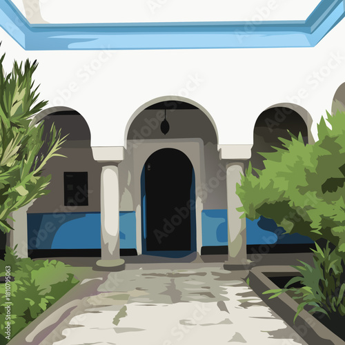 Serene courtyard design evoking Mediterranean charm, perfect for travel blogs, architectural showcases, and idyllic lifestyle visuals with vector origin