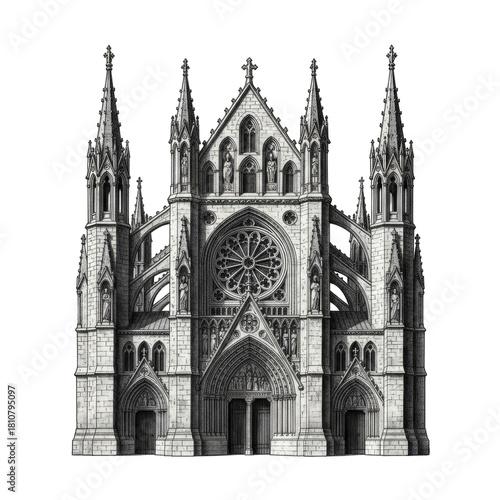 Ornate Gothic Cathedral Facade Sketch with Intricate Stonework and Rose Window Detail Isolated on Black Background