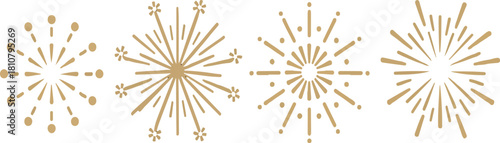 Four golden vector starbursts celebrating an event with radial burst lines on a black background