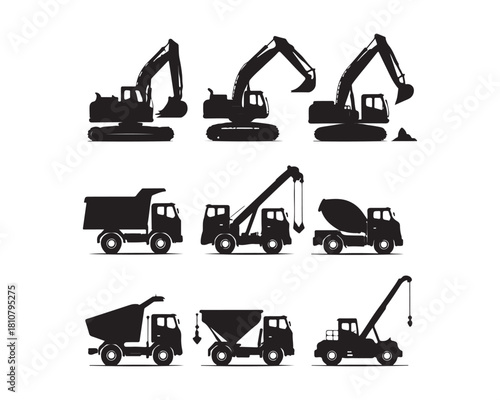 construction vehicles silhouette, construction vector set, heavy vehicles silhouette, excavator silhouette, bulldozer silhouette, crane silhouette, dump truck silhouette, loader silhouette,