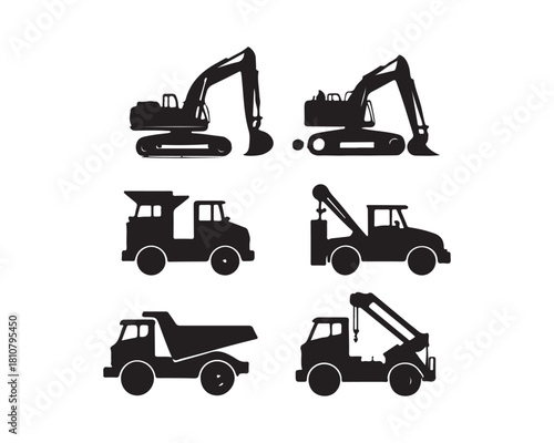 construction vehicles silhouette, construction vector set, heavy vehicles silhouette, excavator silhouette, bulldozer silhouette, crane silhouette, dump truck silhouette, loader silhouette,