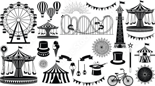 Carnival silhouette illustration set, amusement park elements, black vector, festive rides, circus icons, entertainment design, holiday artwork