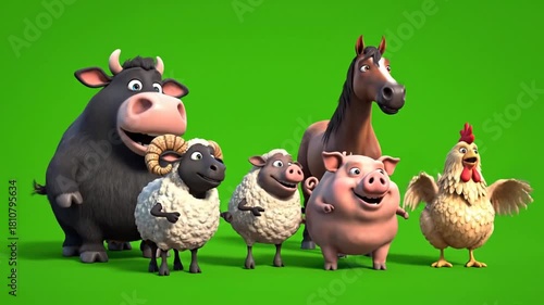 Cheerful 3D Farm Animal Group Isolated on Green Background
