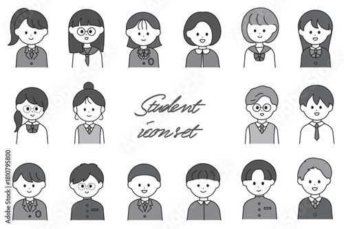 さまざまな学生服を着た学生たちの上半身アイコンイラストセット　白黒