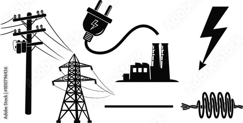 Electric power generation and distribution icons with power lines, factory, plug, lightning symbol, coil wire illustration for energy industry concept design