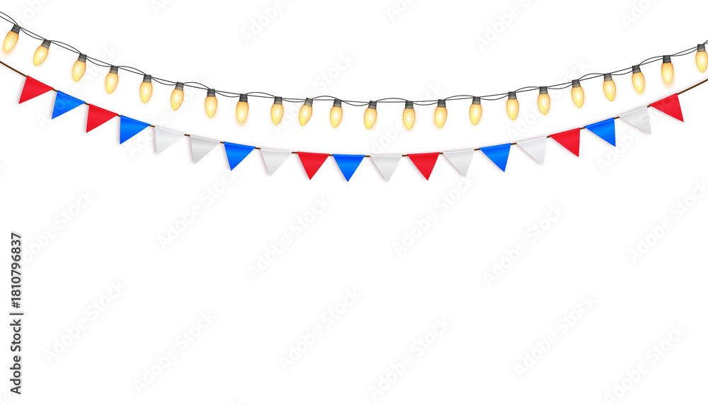 Obraz premium String of festive yellow light bulbs and red, white, and blue pennant banner flags hanging against a transparent background for celebration