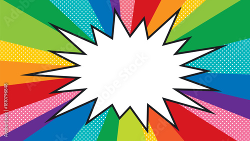 サンバースト背景とギザギザ吹き出しフレーム/レインボー