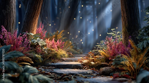 A serene pathway illuminated by gentle sunlight, surrounded by vibrant foliage and colorful flowers in a tranquil forest.