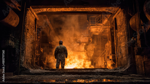 Molten metal steelworker foundry industrial furnace fire heat sparks factory hazard. Lone worker faces blazing furnace gritty foundry