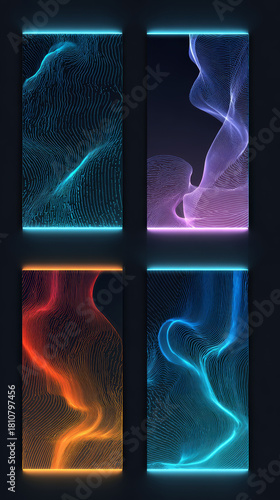 Neon waveform abstract line glowing pattern gradient light fluid shape dark background digital art modern poster with calm mood