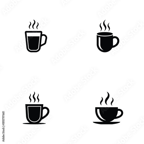Steaming Hot Coffee and Tea Cups Black and White Icon Set