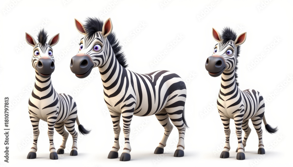 Obraz premium Zebra cartoon animal stripe cute trio white background safari wildlife with playful charm and friendly mood