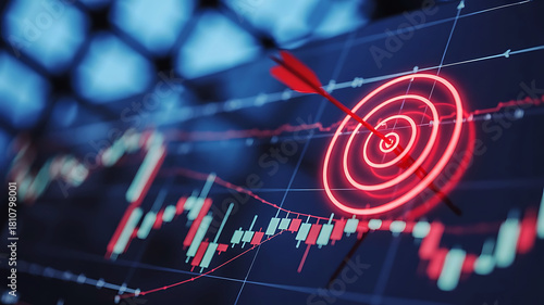 Target achieved on financial market chart with arrow hitting the bullseye point concept of success