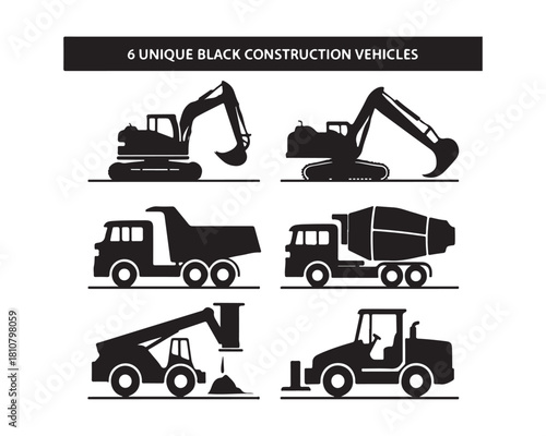 construction vehicles silhouette, construction vector set, heavy vehicles silhouette, excavator silhouette, bulldozer silhouette, crane silhouette, dump truck silhouette, loader silhouette,