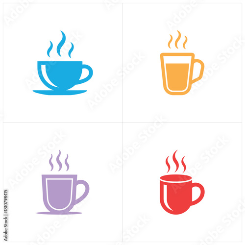 Tea Cup Icon Set, Warm Beverages, Coffee Mugs, Colorful, Steaming, Isolated on White