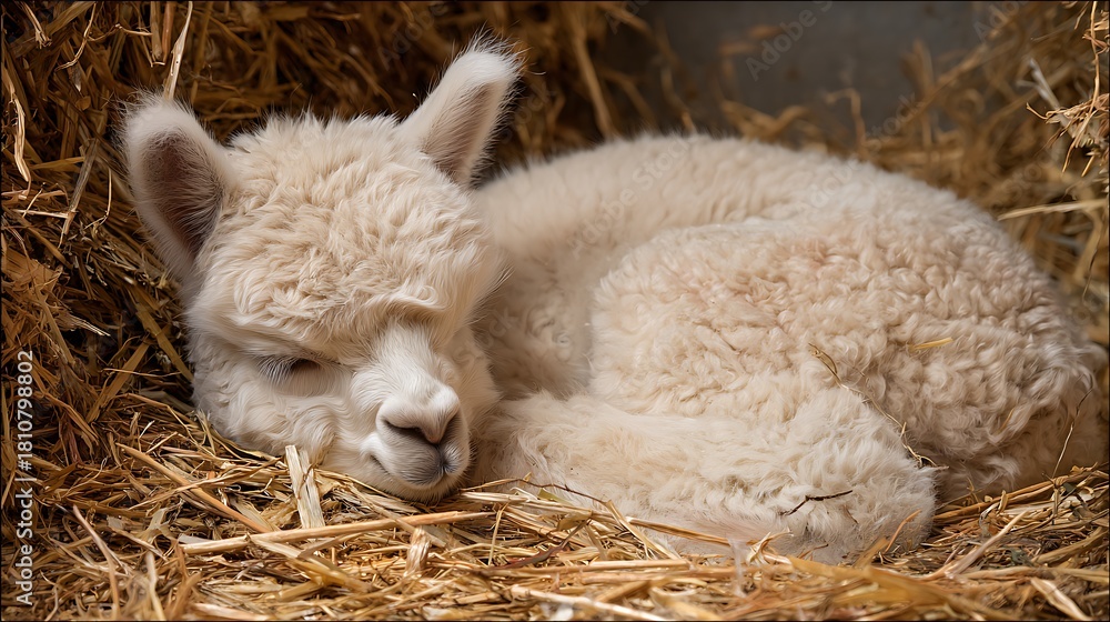 Obraz premium Sleeping Baby Alpaca Resting Peacefully in Straw on a Farm