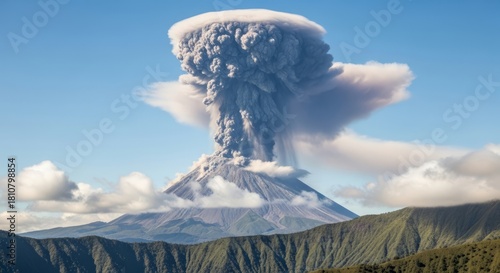 Natural landscape image of an active volcano producing a towering ash cloud, photographed with clear atmospheric depth and realistic lighting.