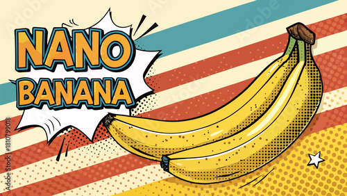 Illustration of two yellow bananas with comic style background and nano banana text bubble | editable eps vectors silhouette