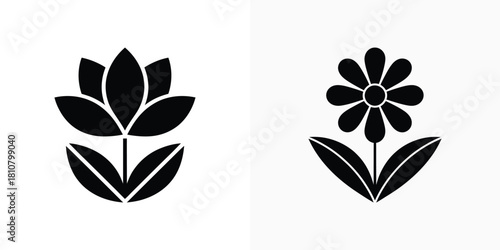 Two Black Simple Flower Icons Lotus and Daisy on White Background Isolated