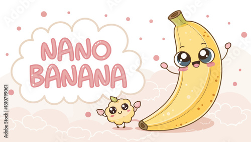Illustration of a smiling banana with a small banana next to the words nano banana in a cloud shape | editable eps vectors silhouette