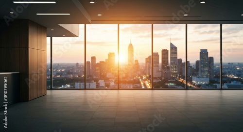 Modern Office View at Sunset Over Urban Skyline with Glass Windows
