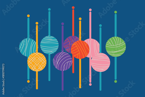 Colorful yarn balls on vertical sticks set against deep blue background, vector illustration ideal for craft design, knitting projects, textile artwork, and artistic hobby presentation visuals
