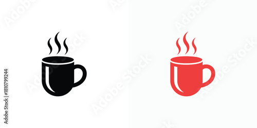 Two Coffee Mugs Icons, One Black and One Red, with Steam on Transparent Background