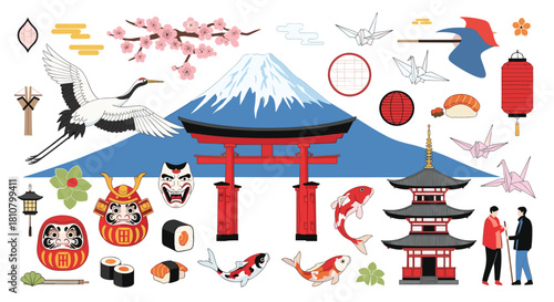 A comprehensive collection of traditional Japanese cultural icons and travel symbols, including Mount Fuji, torii gate, cranes, cherry blossoms, and sushi.