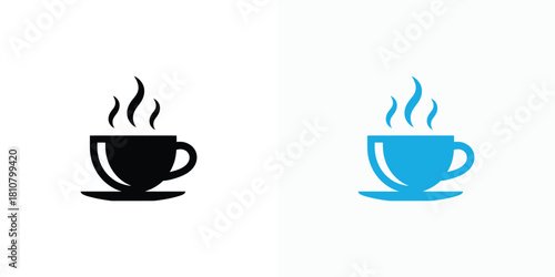 Two Cups with Hot Beverage and Steam Silhouette in Black and Blue on White
