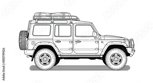 A detailed line art illustration of a rugged four-door off-road SUV with a roof rack and spare tire, ready for adventure.