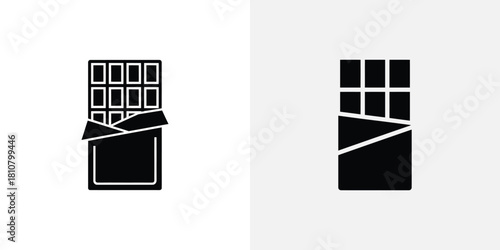 Two distinct black silhouette icons depicting chocolate bars, one unwrapped, one partially packaged