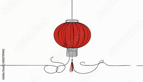 Single line drawing in modern minimalist style of red Chinese lantern for New Year celebration on white background with copy space