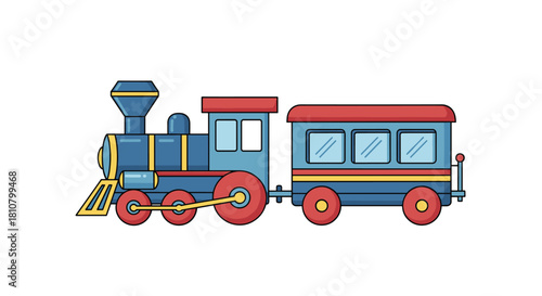A colorful cartoon train engine with a passenger car, featuring a blue and red design with yellow accents, isolated on a white background.