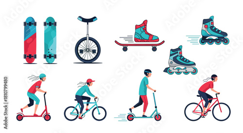Illustrations of diverse wheeled sports activities and equipment, including cycling, scootering, rollerblading, and skateboarding.