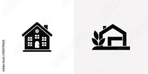 Two House Icons One Traditional Home, One Modern with Leaf Accents Black Designs
