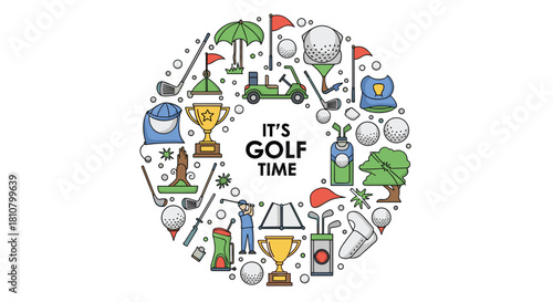 A vibrant circular illustration showcasing essential golf equipment, a player, and trophies, with 'IT'S GOLF TIME' prominently displayed.