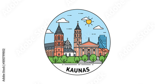 A vibrant vector illustration capturing the iconic cityscape of Kaunas, Lithuania, showcasing its historic architecture and modern skyline under a sunny sky.