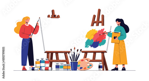 Two women engage in an art activity, painting vibrant strokes on canvases with various art supplies like brushes, paint, and palettes.