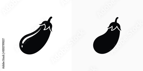 Two distinct black monochrome icons of ripe eggplants with different design styles presented on white