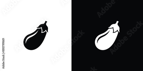 Two identical stylized eggplant icons are presented in contrasting black and white on opposing backgrounds