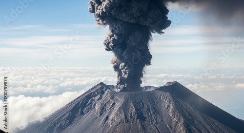 Realistic photograph of a volcanic eruption releasing a thick column of dark ash into the sky, captured from an elevated viewpoint with surrounding clouds visible.