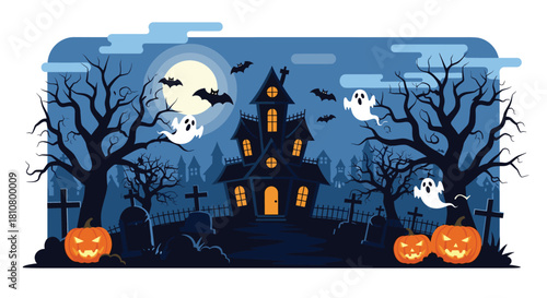 A spooky Halloween night scene featuring a haunted house, flying bats, ghoulish ghosts, and glowing jack-o'-lanterns in a graveyard.