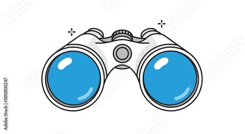 Bright white cartoon binoculars with vibrant blue lenses and subtle sparkle accents, representing concepts like search, vision, and discovery.