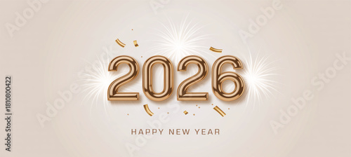 Golden balloon vector numbers 2026 for Happy New Year celebration with confetti and sparkling lights