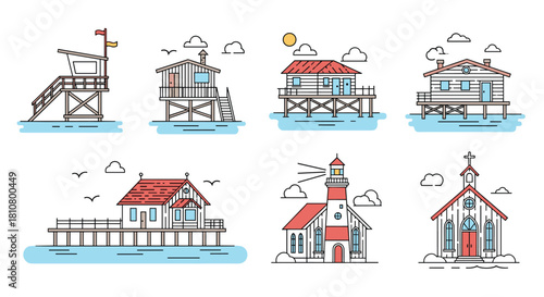 Coastal buildings and structures in a minimalist line art style, including a lifeguard station, beach houses, lighthouse, and church; illustration for design projects and concepts.