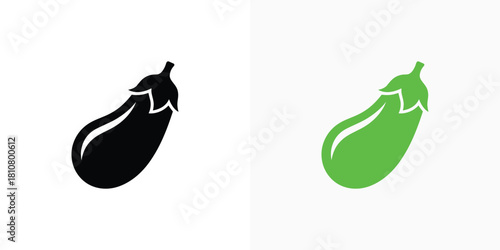 Two stylized eggplant icons are featured, one black on white and another vibrant green on a light gray background