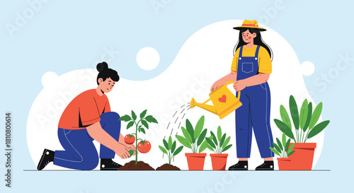 Two people gardening together, one watering plants and the other tending to a tomato plant.