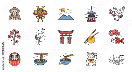 A vibrant set of flat line icons showcasing popular Japanese culture, iconic symbols, famous landmarks, and traditional food.