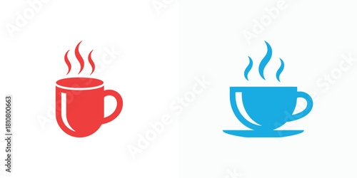 Two Stylized Coffee Cups, Red Steaming Mug And Blue Cup With Saucer On White